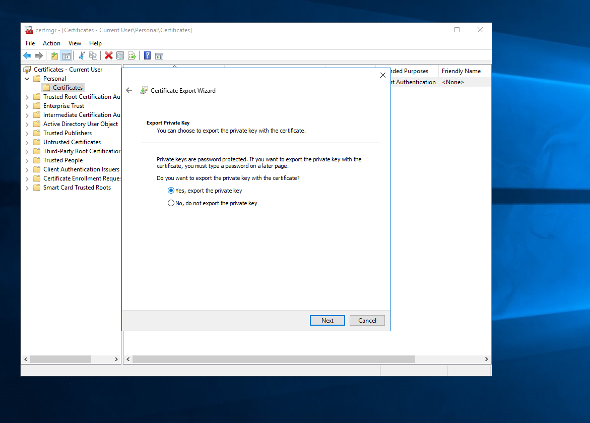 Certificate Export Wizard private key export option