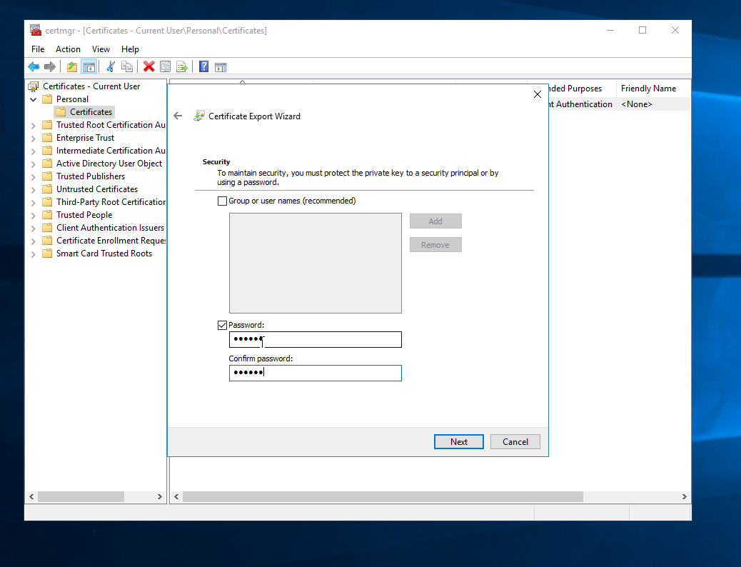 Certificate Export Wizard password protection screen