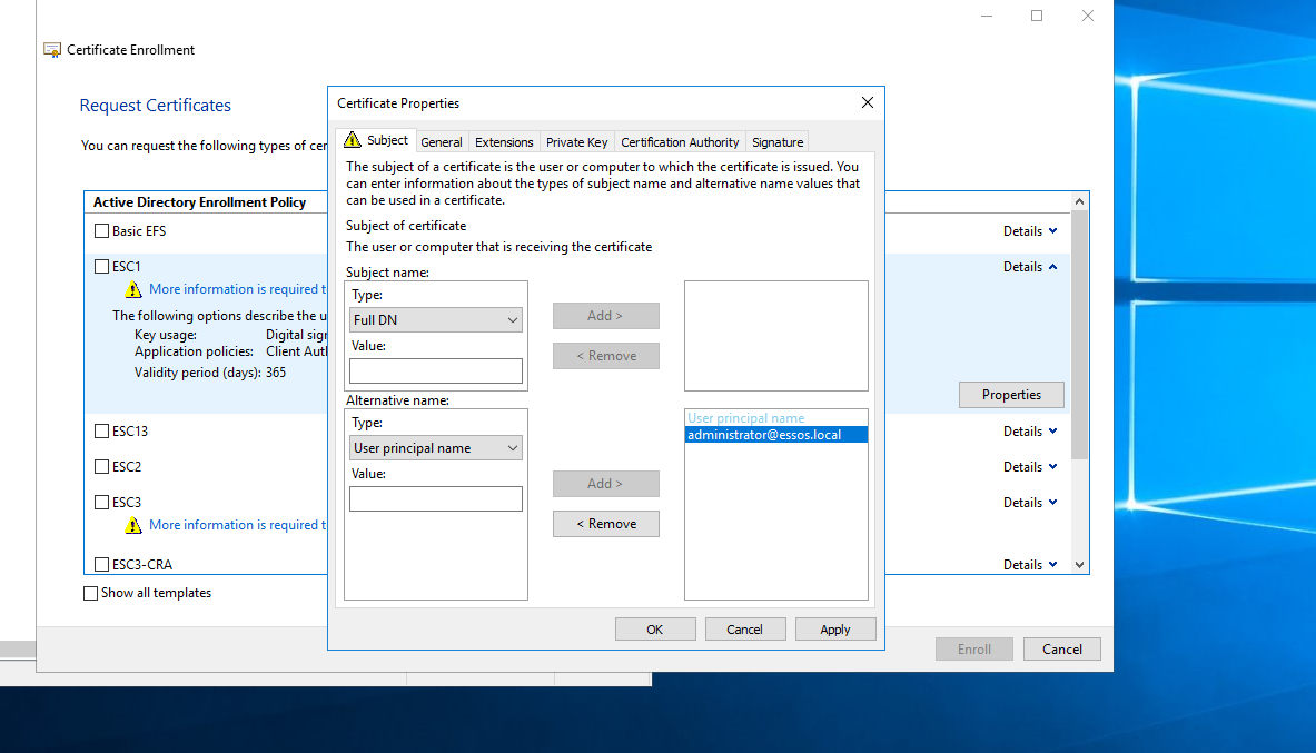 Adding administrator UPN as an alternative name