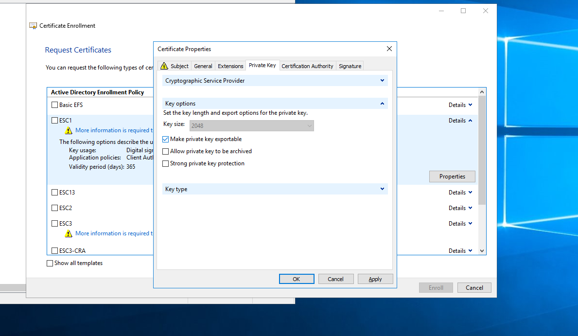 Making the private key exportable in certificate properties