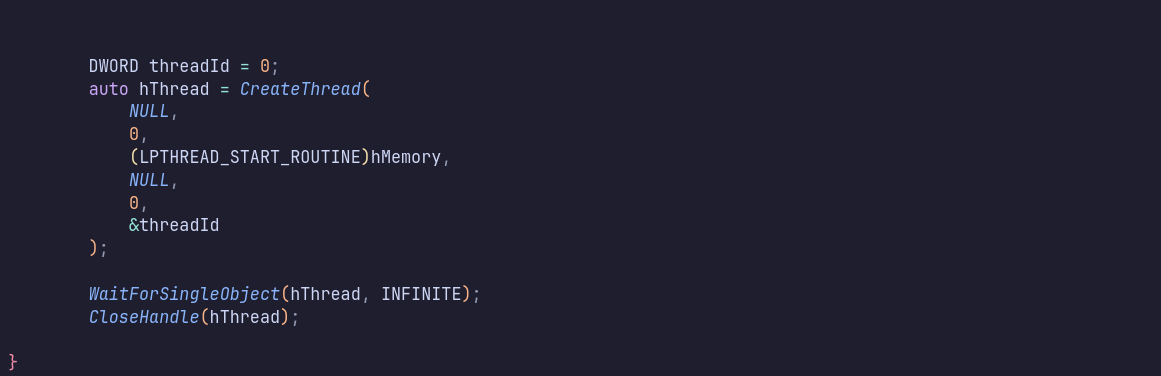 Creating a thread to execute shellcode